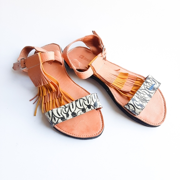 Deux Mains handmade upcycled tire sandals leather ankle strap boho festival tan - Picture 1 of 10